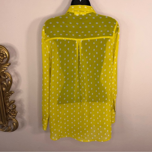 Medium Mudd Vibrant Yellow White Print Semi Sheer Button Up Long Sleeve - Picture 6 of 15